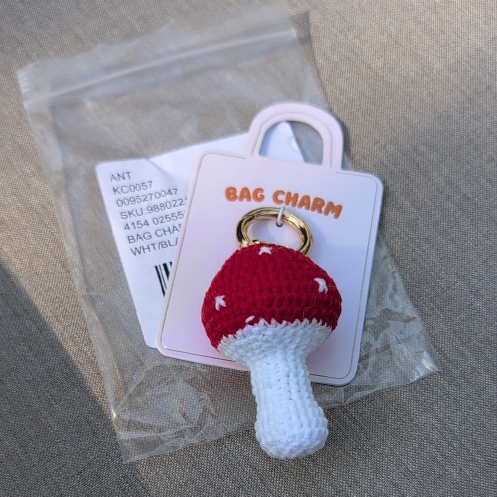 Anthropologie Red and White Crochet Mushroom Bag Charm NWT